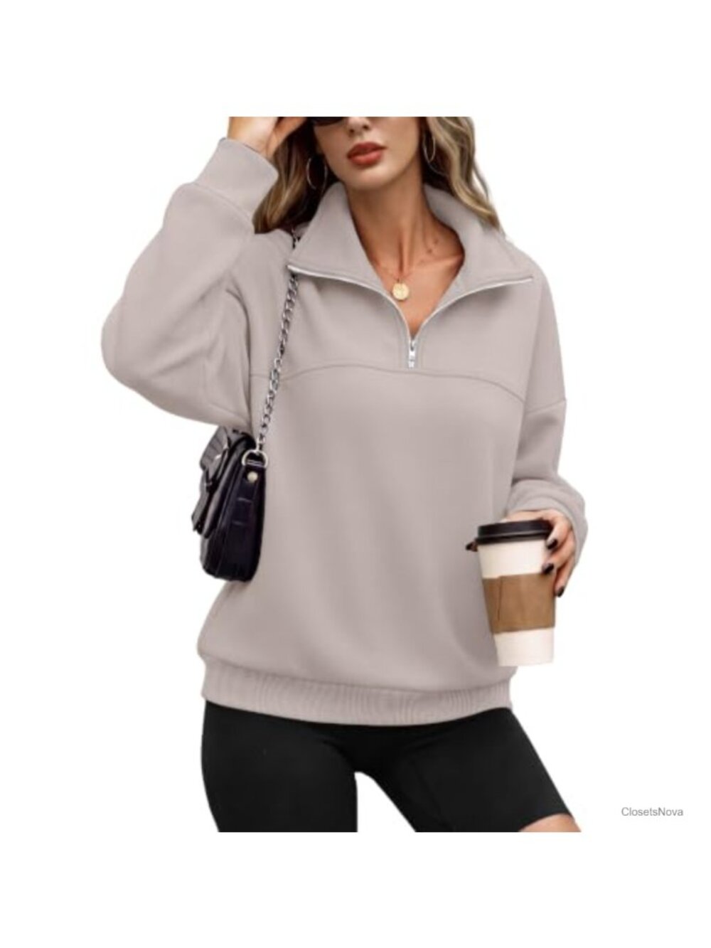 Women's Half Zip Fleece Pullover Sweatshirt Oversized Cropped Mock Neck Hoodie